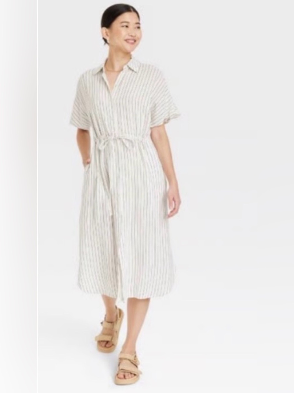 A New Day Shirt Dress. Striped Button-Front Midi Shirt Dress in Cream. Size XL